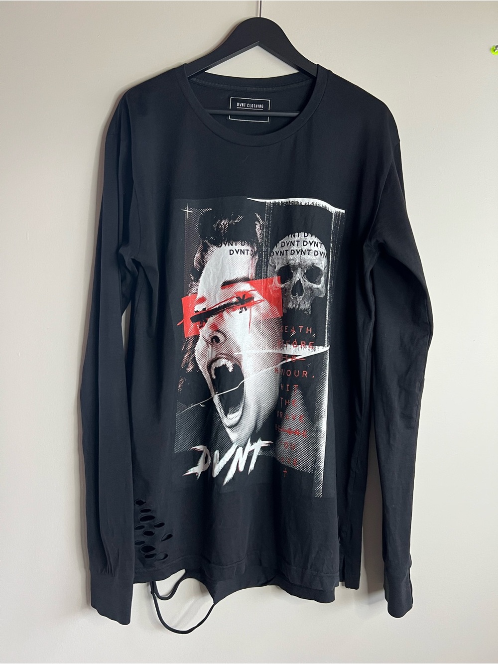 DVNT Clothing Black Distressed Graphic Long Sleeve Tee Women’s Medium Oversized